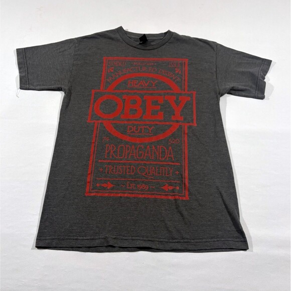 OBEY Heavy Duty Propaganda Trusted Quality Est. 1989 Gray Tee Print T Shirt Sz M - Picture 1 of 9